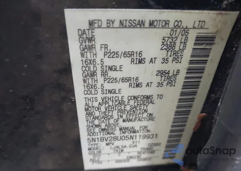 2005 Nissan Quest 3.5 z USA, uszkodzony, nr VIN 5N1BV28U05N119931